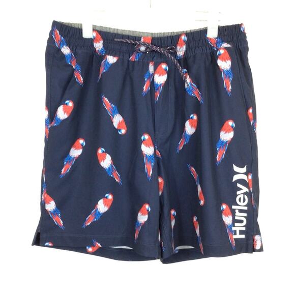 HURLEY Navy Blue Parrot Print Swim Trunks size Large - Picture 1 of 4